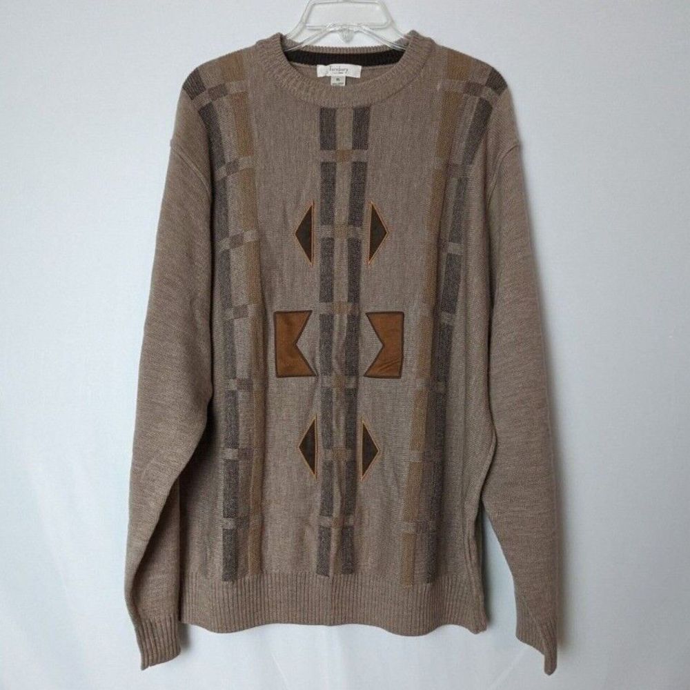 Men TURNBURY Beige Heather Brown Suede Patchwork 100% Merino Wool Sweater XL